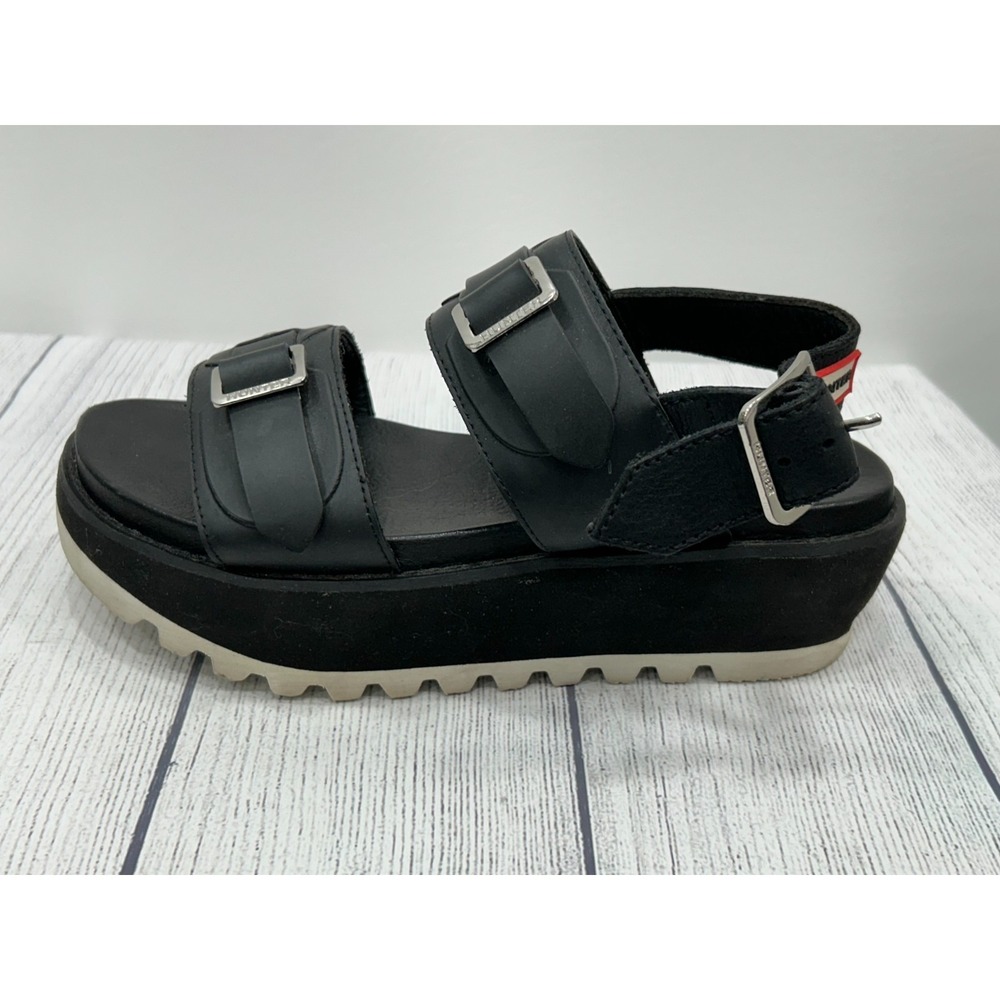 Hunter Sandals Womens Size 8? Black Leather Double Buckle Strap Platform Chunky - Picture 4 of 13